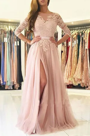 A-Line Bateau Long Sleeves Sweep Train Pink Tulle Prom Dress with Appliques LRA431