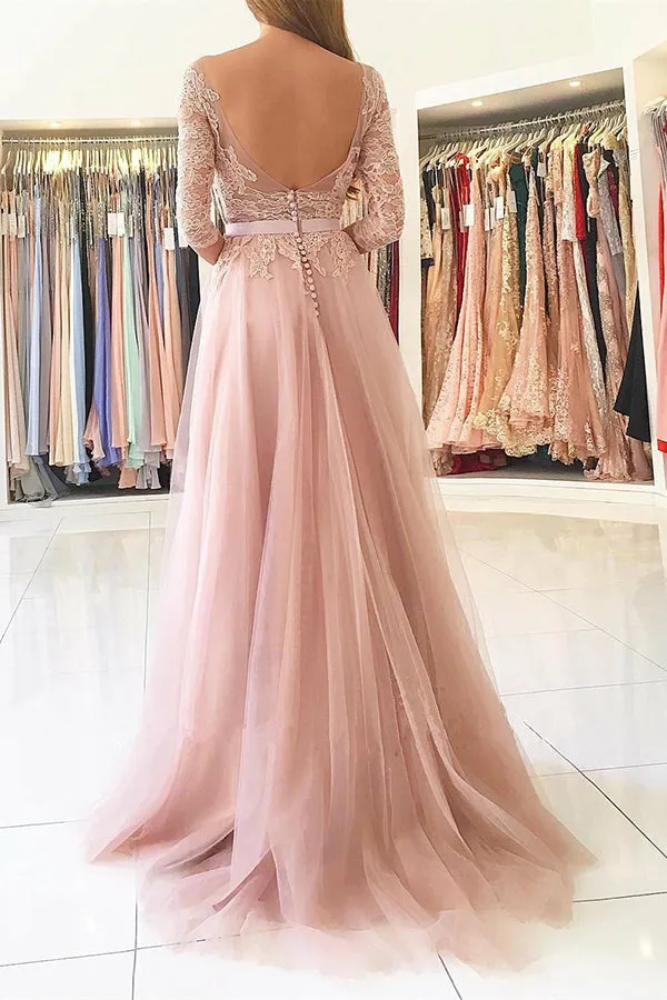 A-Line Bateau Long Sleeves Sweep Train Pink Tulle Prom Dress with Appliques LRA431