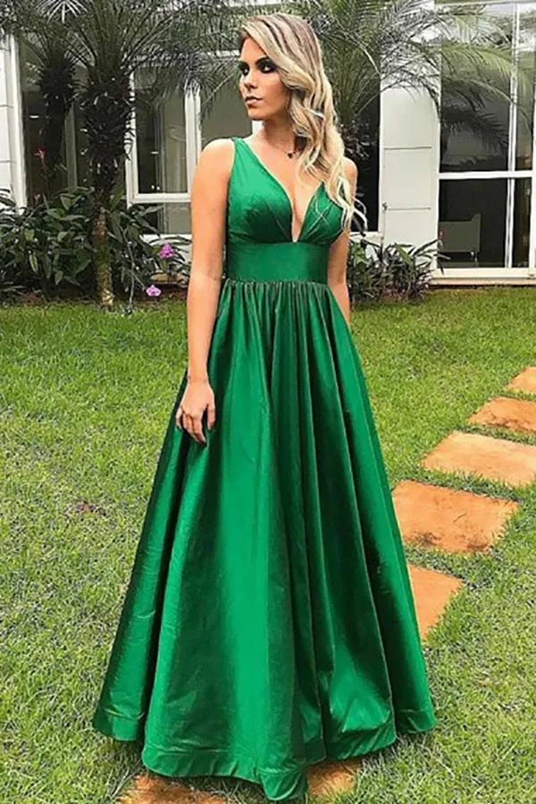 A-Line Deep V-Neck Floor-Length Hunter Satin Backless Prom Dress AHC529