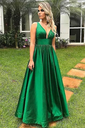 A-Line Deep V-Neck Floor-Length Hunter Satin Backless Prom Dress AHC529