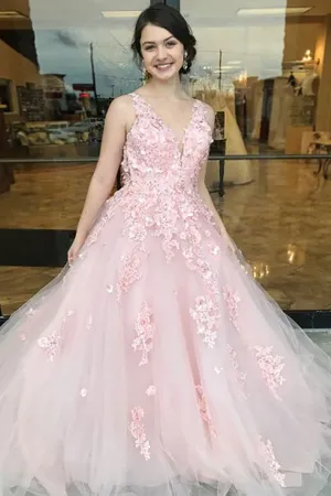 A-Line Deep V-Neck Sweep Train Pink Tulle Open Back Prom Dress with Appliques LRA100