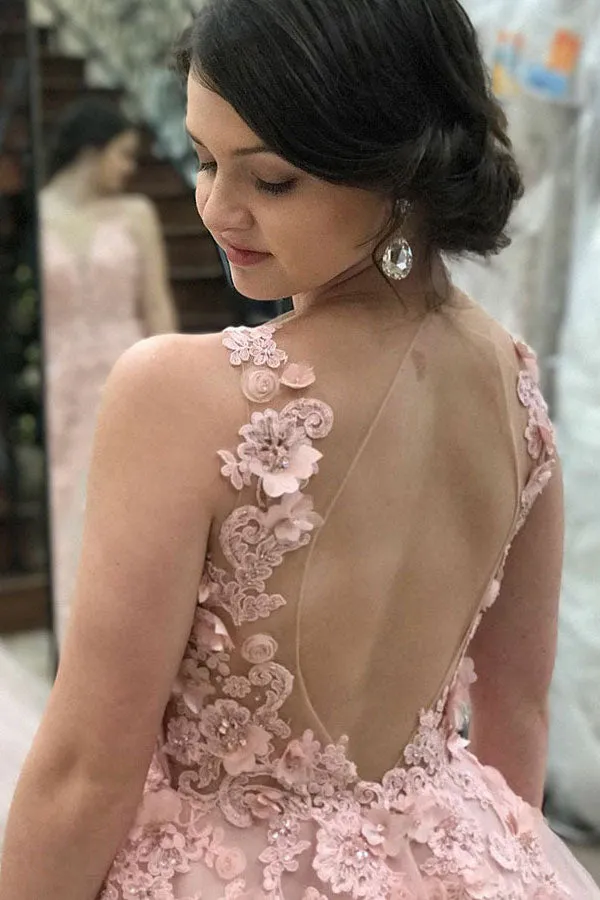 A-Line Deep V-Neck Sweep Train Pink Tulle Open Back Prom Dress with Appliques LRA100