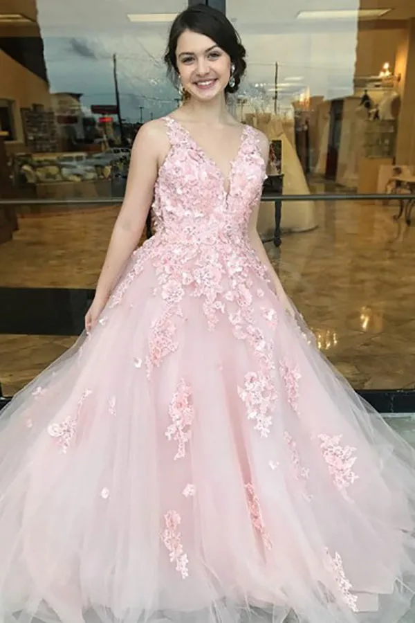 A-Line Deep V-Neck Sweep Train Pink Tulle Open Back Prom Dress with Appliques LRA100