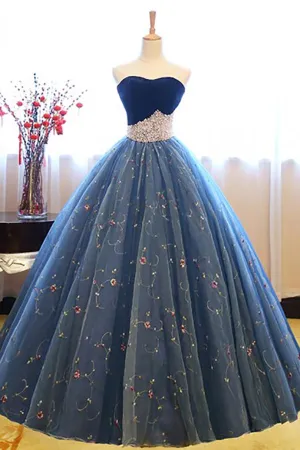Ball Gown Sweetheart Court Train Navy Blue Lace Prom Dress with Beading AHC515