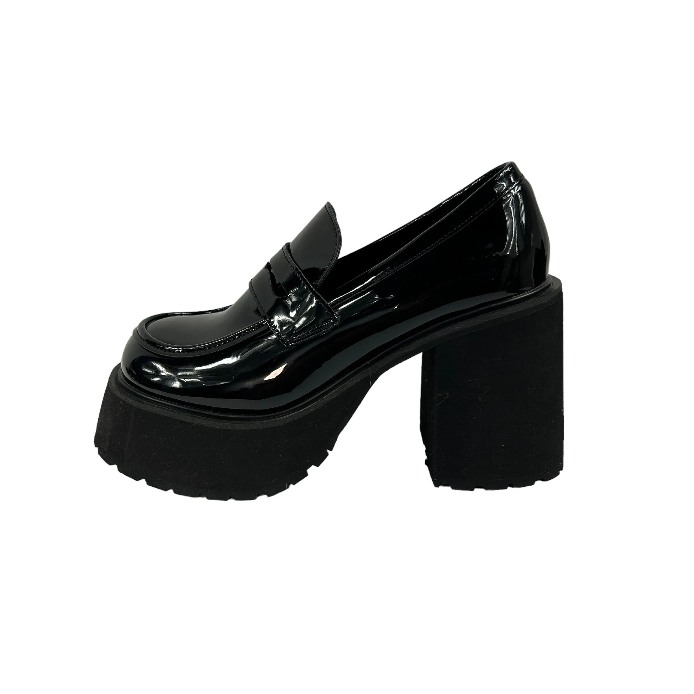Black Faux Patent Platform Heeled Loafers