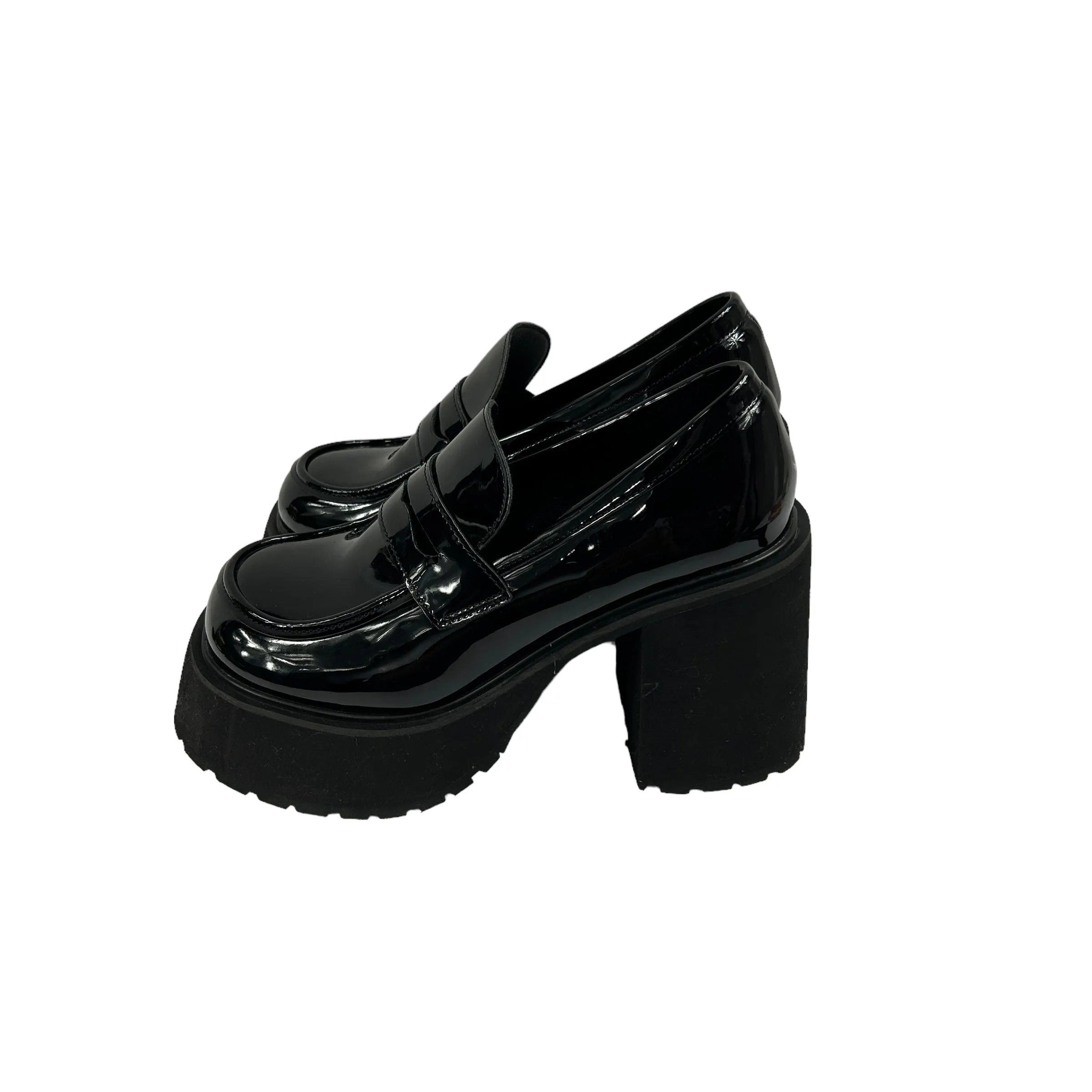 Black Faux Patent Platform Heeled Loafers