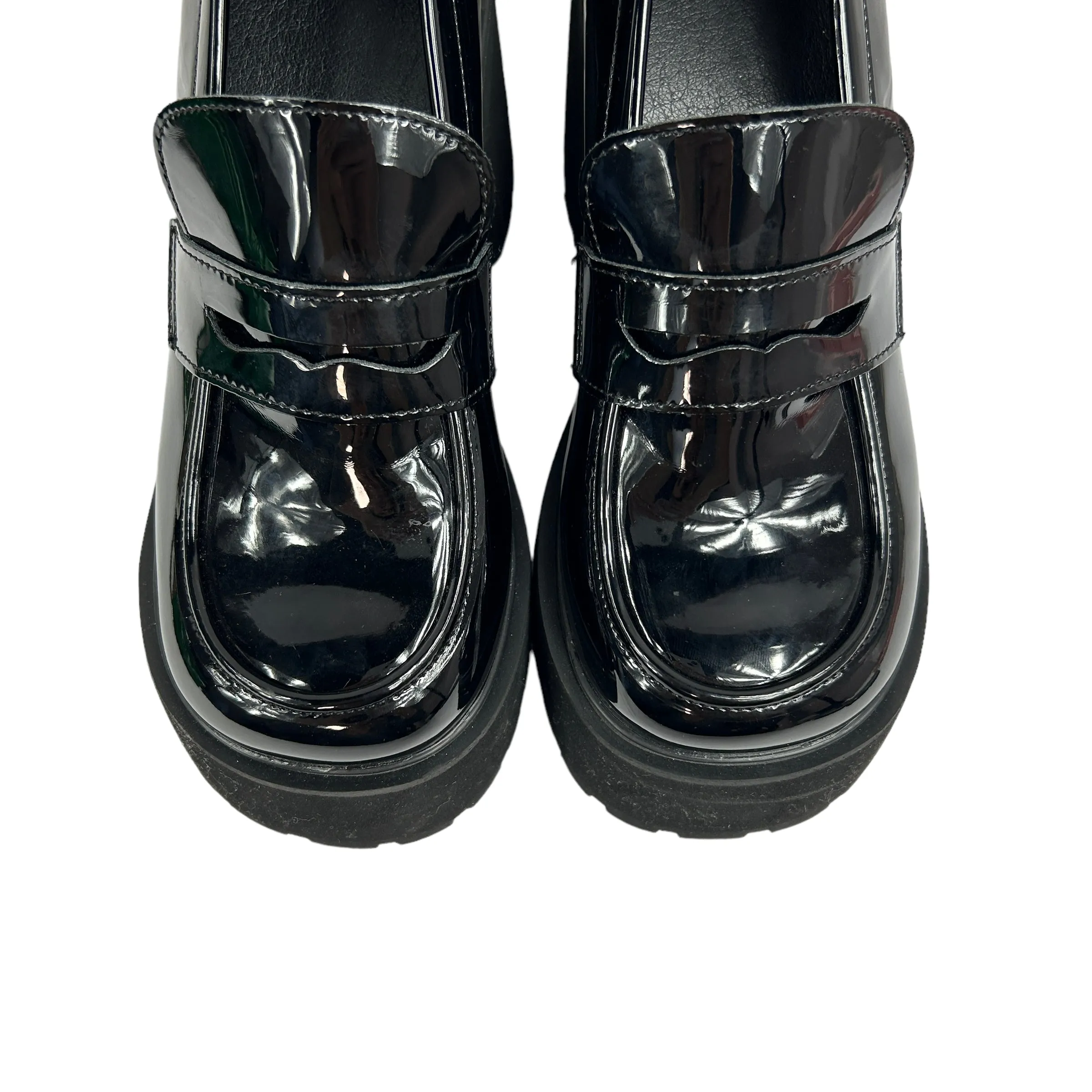 Black Faux Patent Platform Heeled Loafers