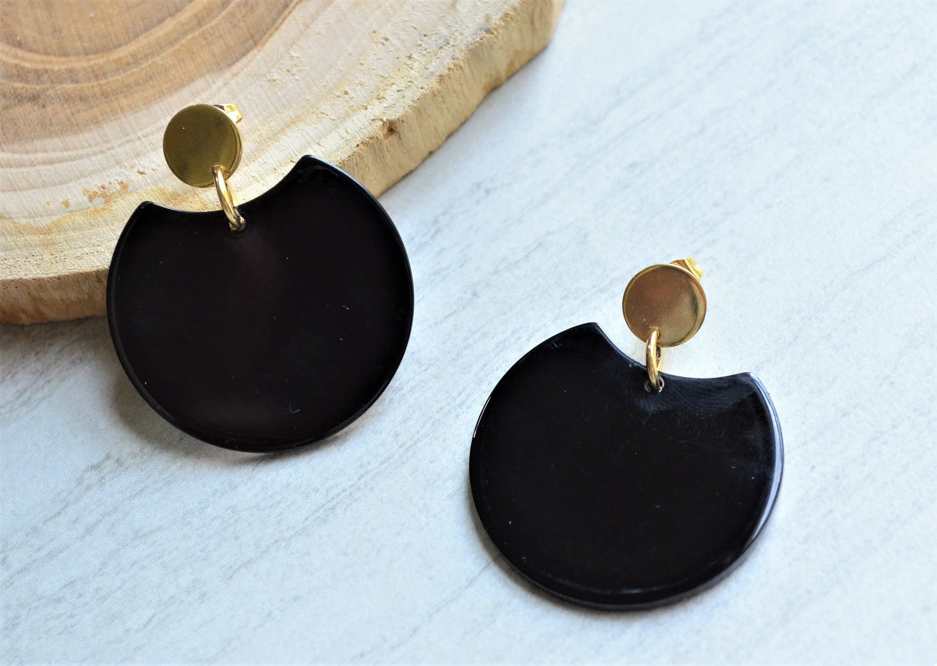 Black Statement Lucite Big Geometric Dangle Earrings - Hanna