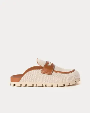 Canvas & Leather Beige / Brandy Mules
