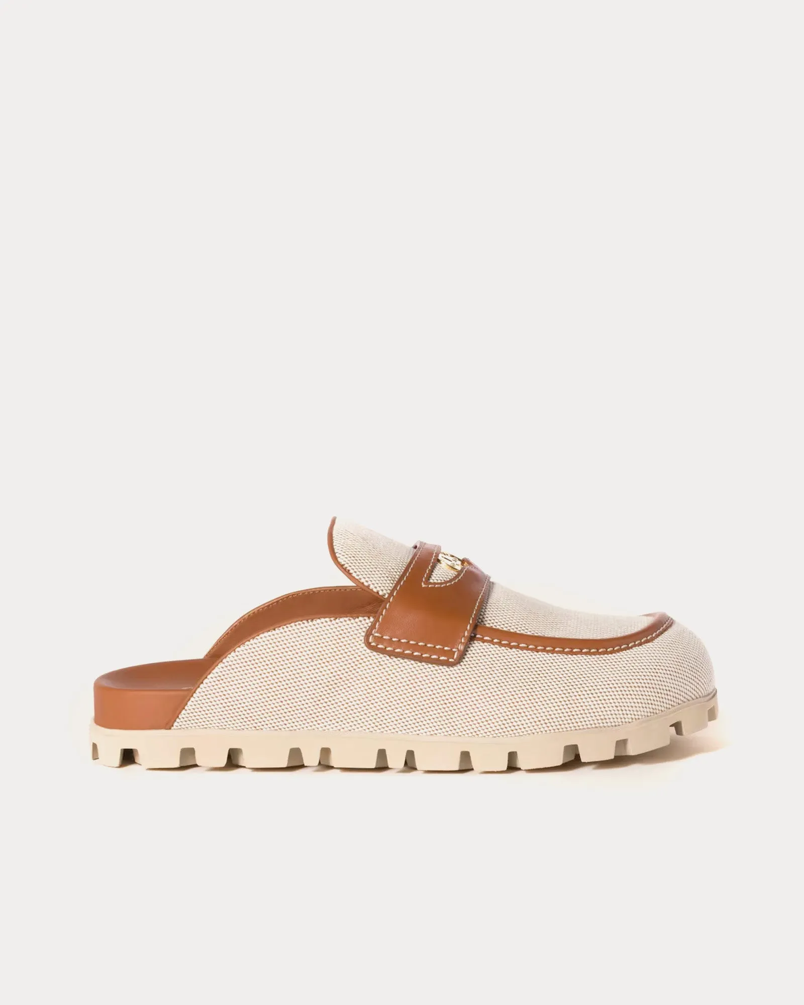 Canvas & Leather Beige / Brandy Mules