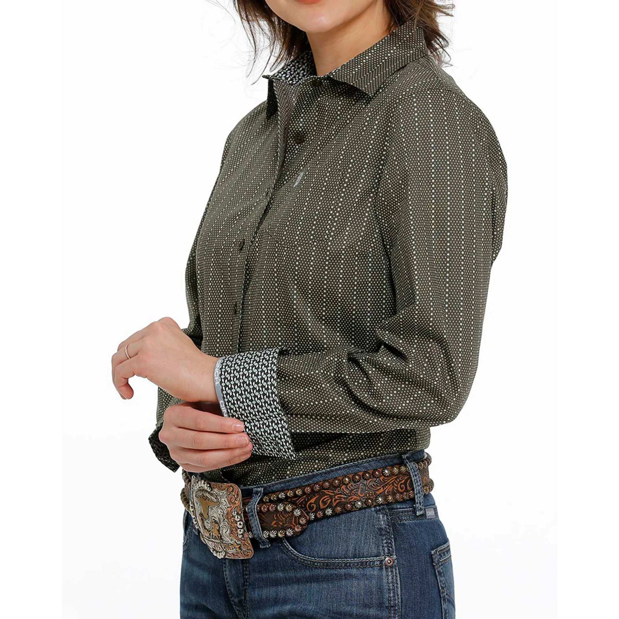 Cinch Women's Olive With Light Turquoise Dot-Stripe Long Sleeve
