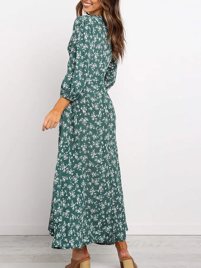Elegant V Neck Floral Print Long Sleeve Womens Dress