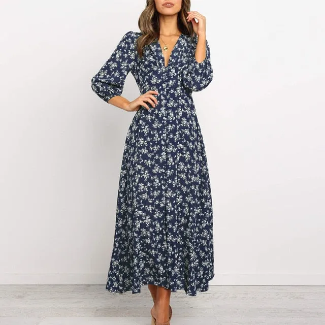 Elegant V Neck Floral Print Long Sleeve Womens Dress