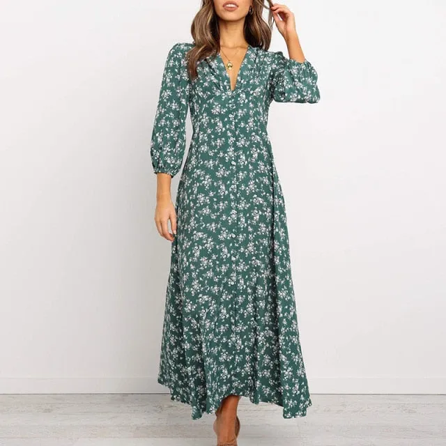 Elegant V Neck Floral Print Long Sleeve Womens Dress