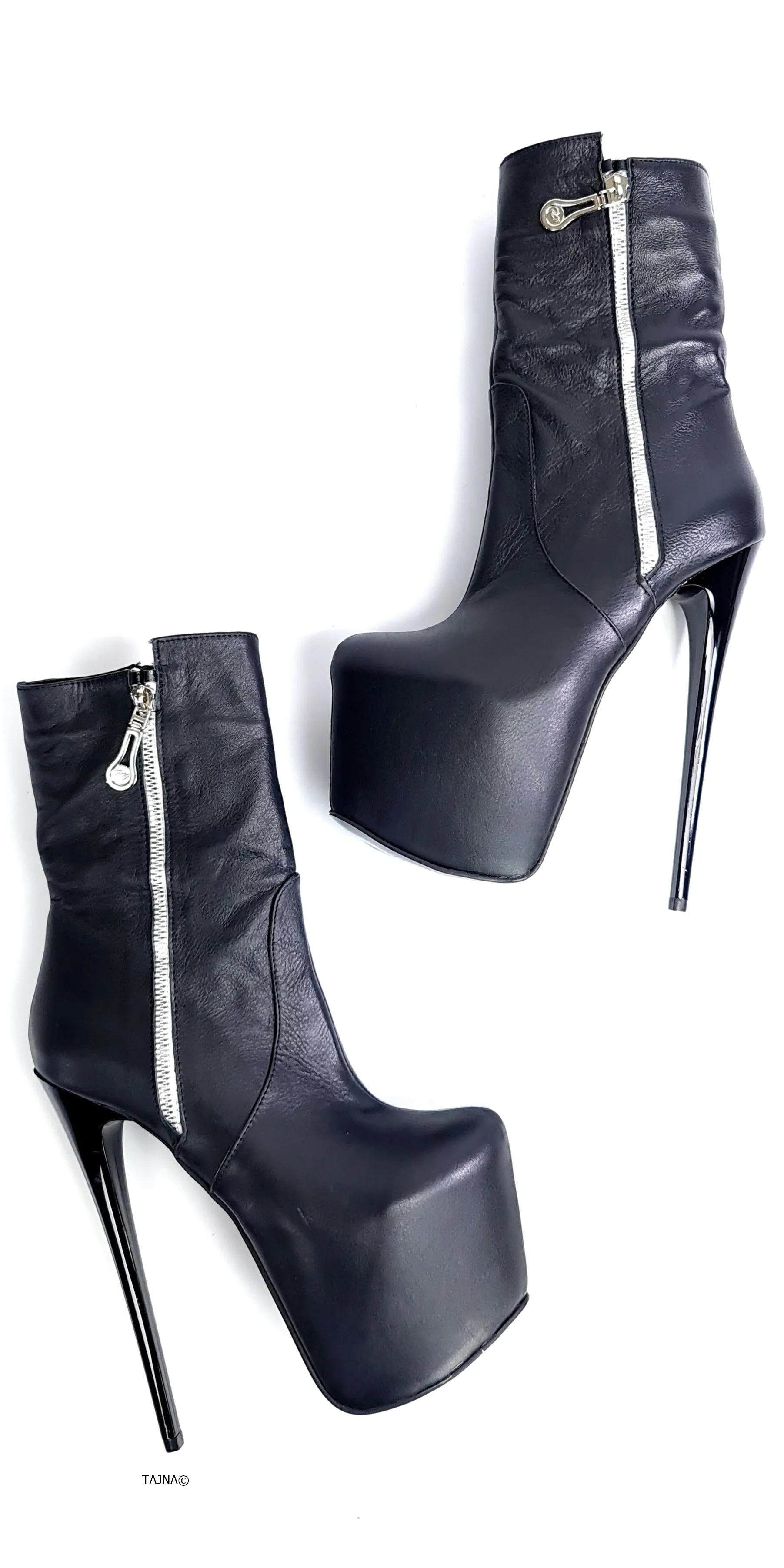 Genuine Leather Black Zip High Heel Boots