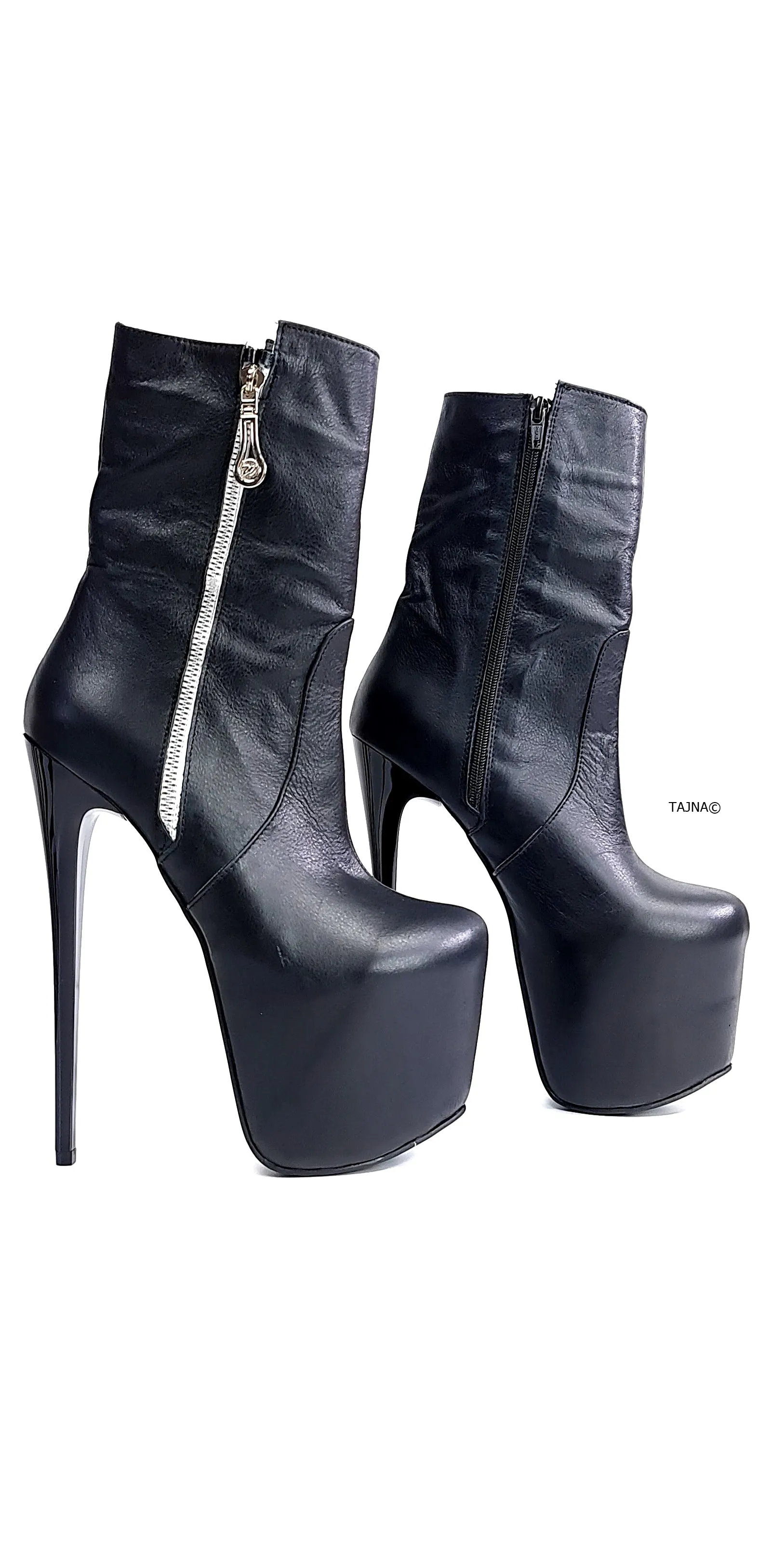 Genuine Leather Black Zip High Heel Boots