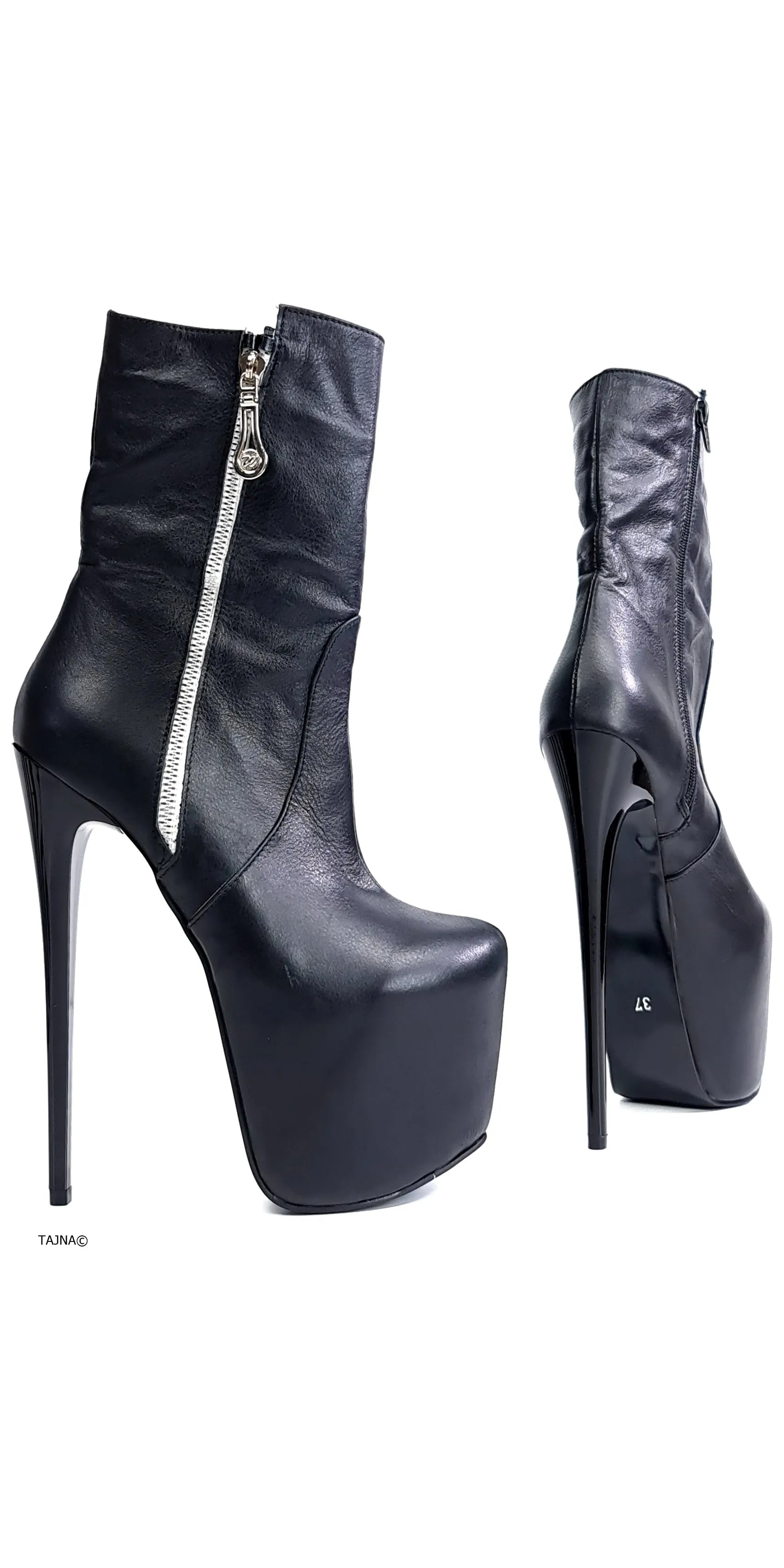 Genuine Leather Black Zip High Heel Boots