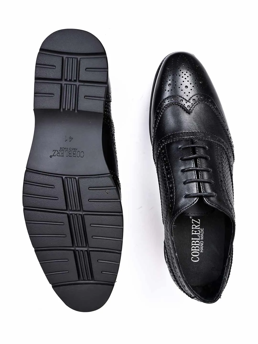 Men Black Basket Weave Textured Brogues-Oxford Shoes
