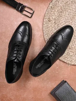 Men Black Basket Weave Textured Brogues-Oxford Shoes