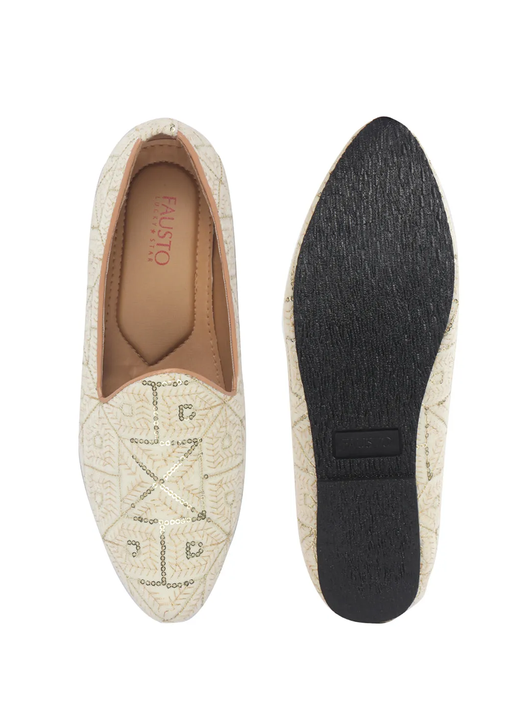 Men Cream Traditional Ethnic Juttis and Mojaris for Wedding|Handcrafted Embroidered Velvet Loafers|Glittering Gold Embroidery Slip-On Shoes