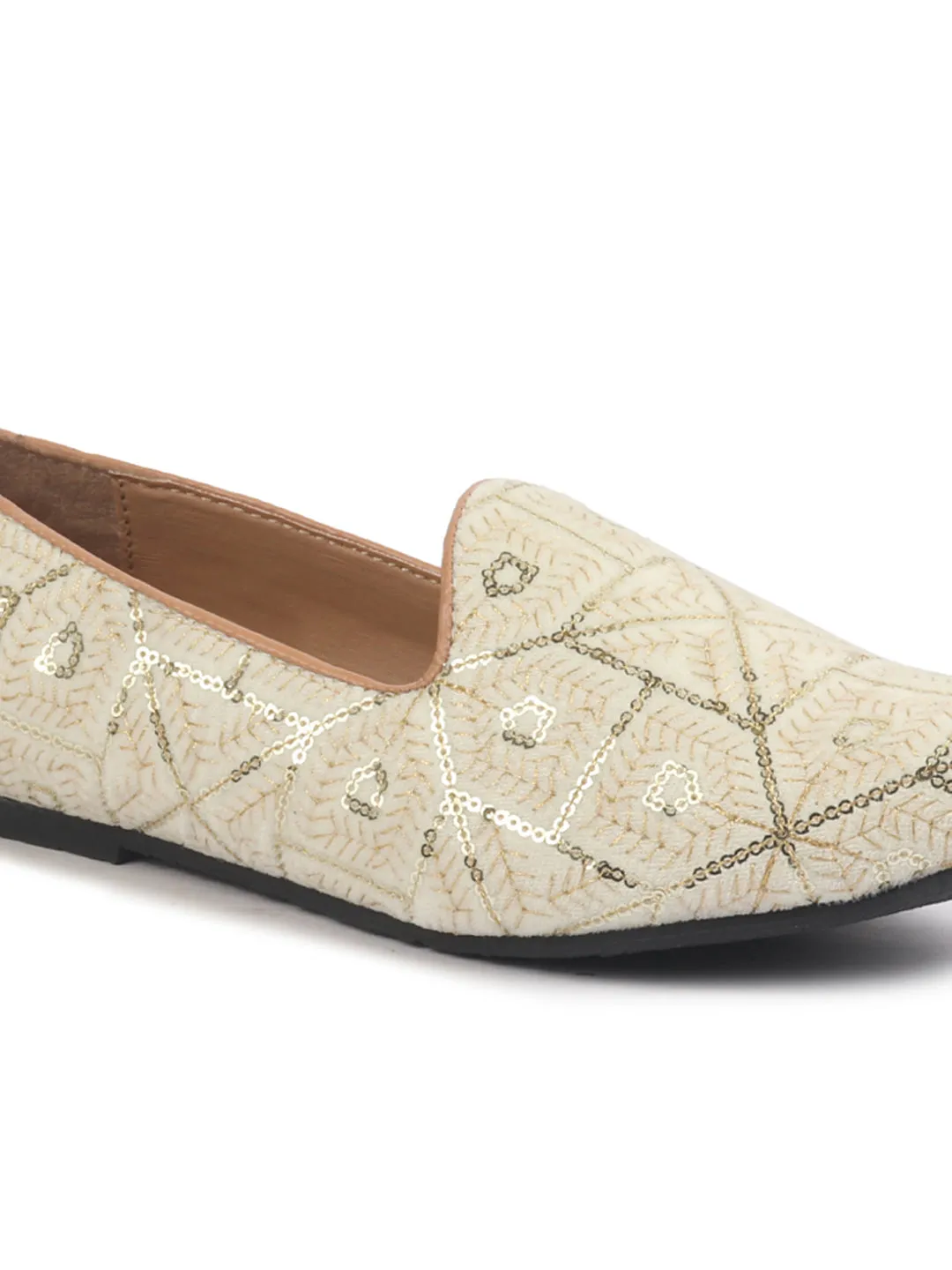 Men Cream Traditional Ethnic Juttis and Mojaris for Wedding|Handcrafted Embroidered Velvet Loafers|Glittering Gold Embroidery Slip-On Shoes