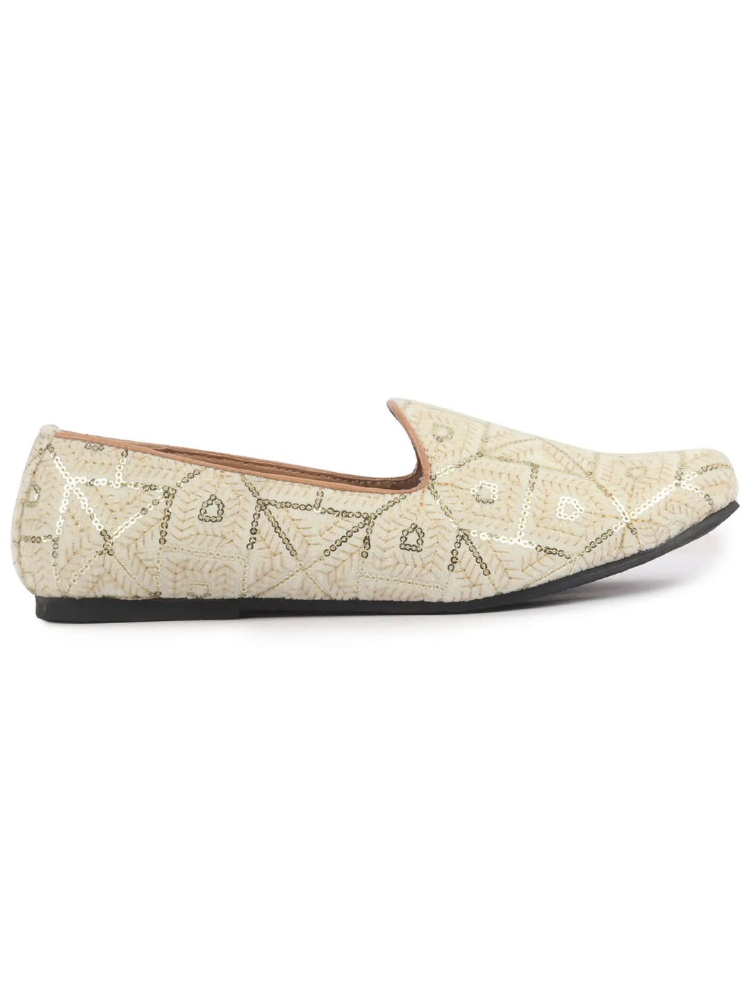 Men Cream Traditional Ethnic Juttis and Mojaris for Wedding|Handcrafted Embroidered Velvet Loafers|Glittering Gold Embroidery Slip-On Shoes