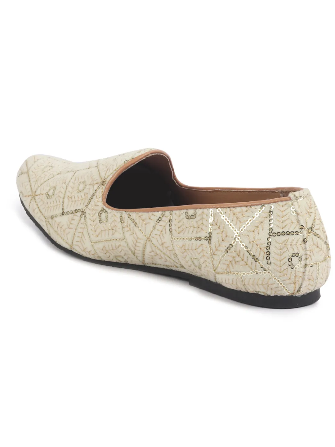 Men Cream Traditional Ethnic Juttis and Mojaris for Wedding|Handcrafted Embroidered Velvet Loafers|Glittering Gold Embroidery Slip-On Shoes