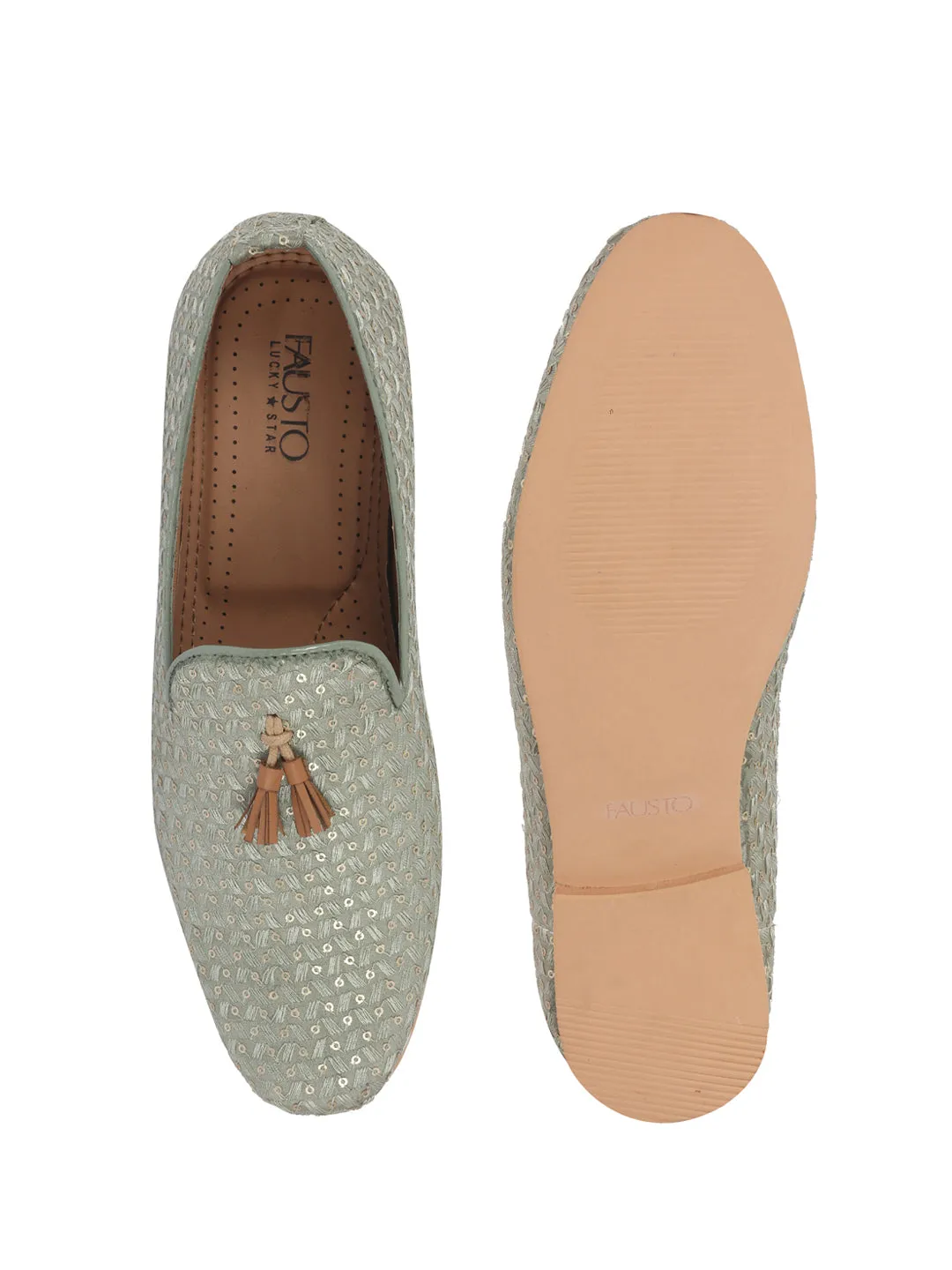 Men Grey Embellished Sequine Tassel Traditional Jutti and Mojaris|Handcrafted Designer Loafers|Wedding Slip-On Party Ethnic Shoes