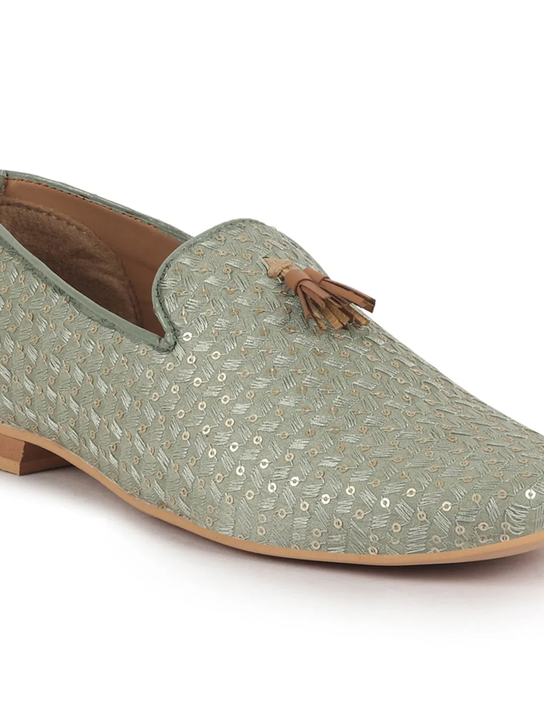 Men Grey Embellished Sequine Tassel Traditional Jutti and Mojaris|Handcrafted Designer Loafers|Wedding Slip-On Party Ethnic Shoes