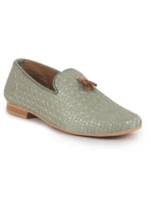 Men Grey Embellished Sequine Tassel Traditional Jutti and Mojaris|Handcrafted Designer Loafers|Wedding Slip-On Party Ethnic Shoes