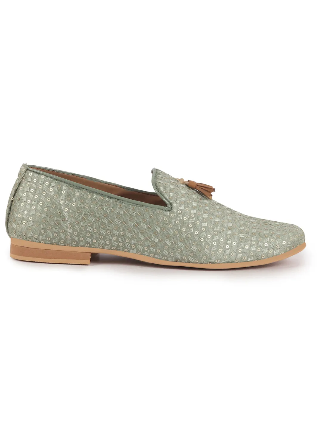 Men Grey Embellished Sequine Tassel Traditional Jutti and Mojaris|Handcrafted Designer Loafers|Wedding Slip-On Party Ethnic Shoes