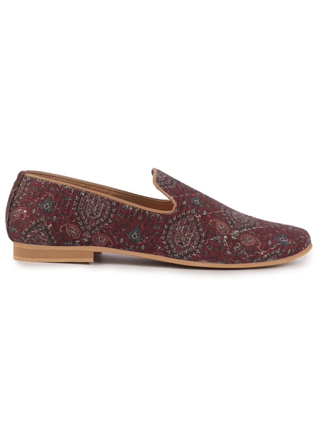 Men Maroon Handcrafted Designer Ethnic Loafers|Traditional Printed Jutti|Slip-On Wedding Sherwani Kurta Mojaris