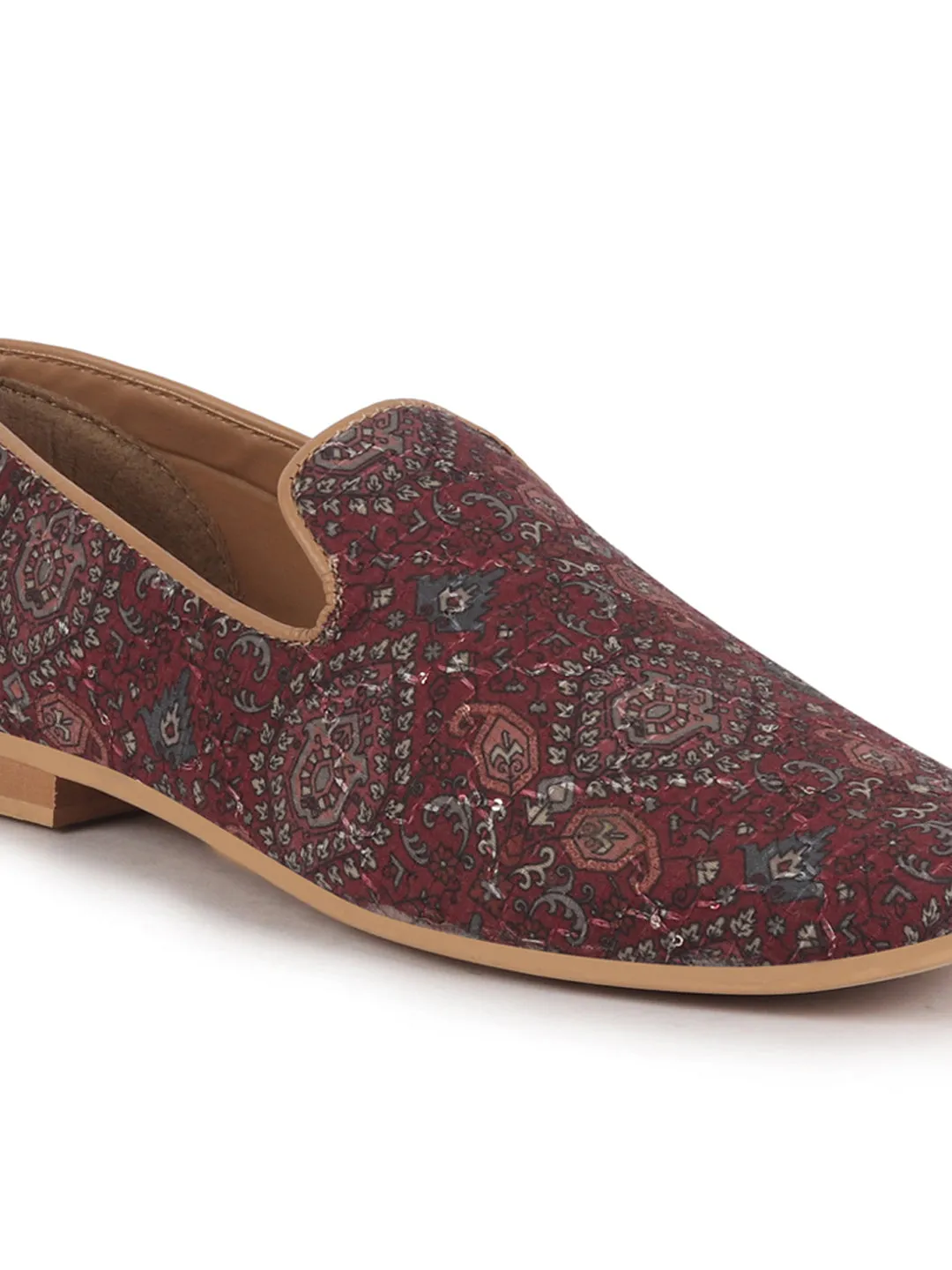 Men Maroon Handcrafted Designer Ethnic Loafers|Traditional Printed Jutti|Slip-On Wedding Sherwani Kurta Mojaris