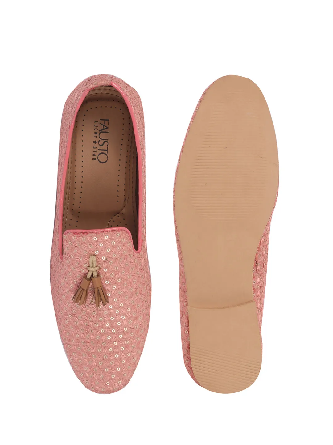 Men Pink Embellished Sequine Tassel Traditional Jutti and Mojaris|Handcrafted Designer Loafers|Wedding Slip-On Party Ethnic Shoes