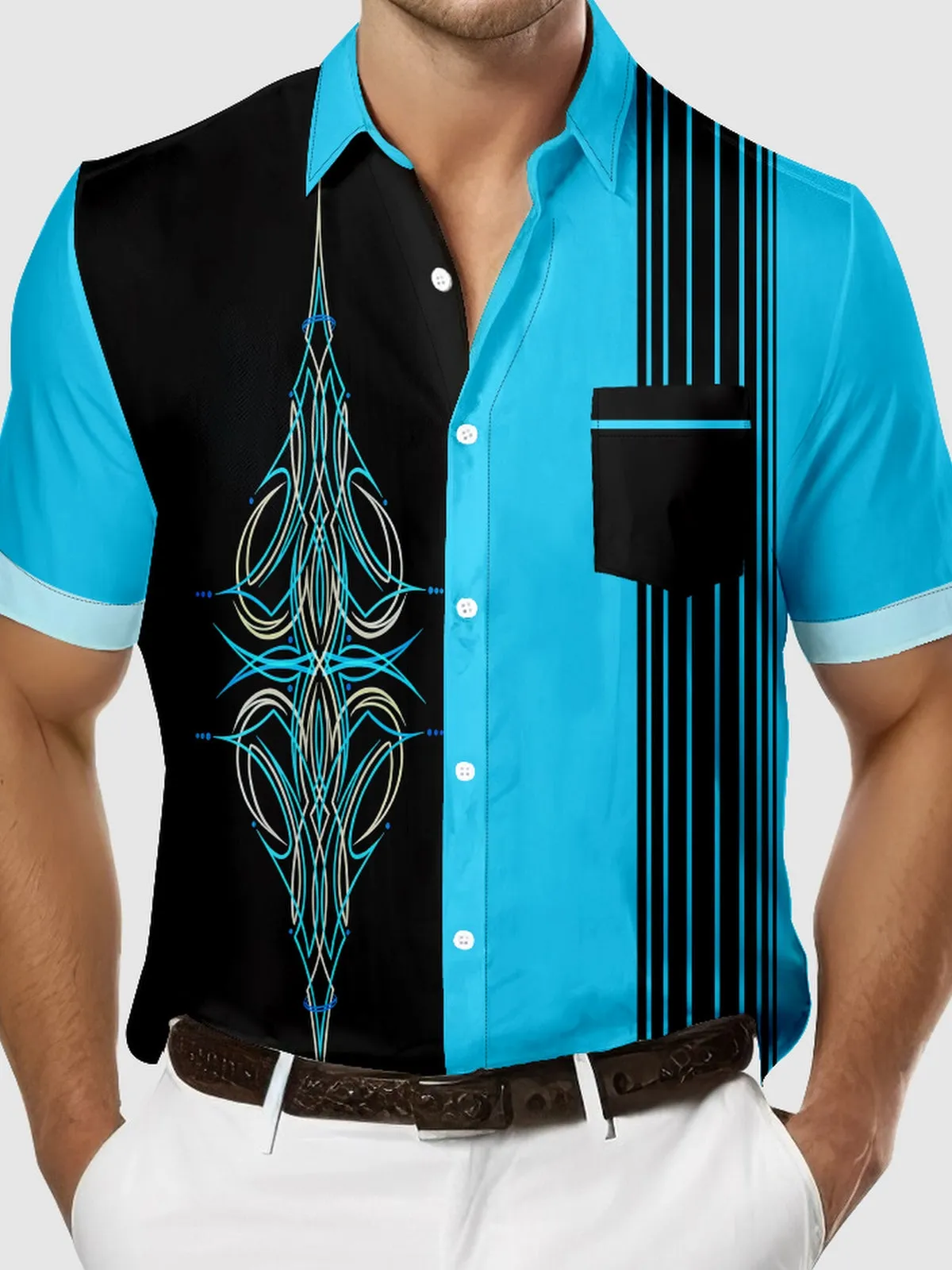 Men's Automotive Pinstripe Design with Stripes Short Sleeve Shirt