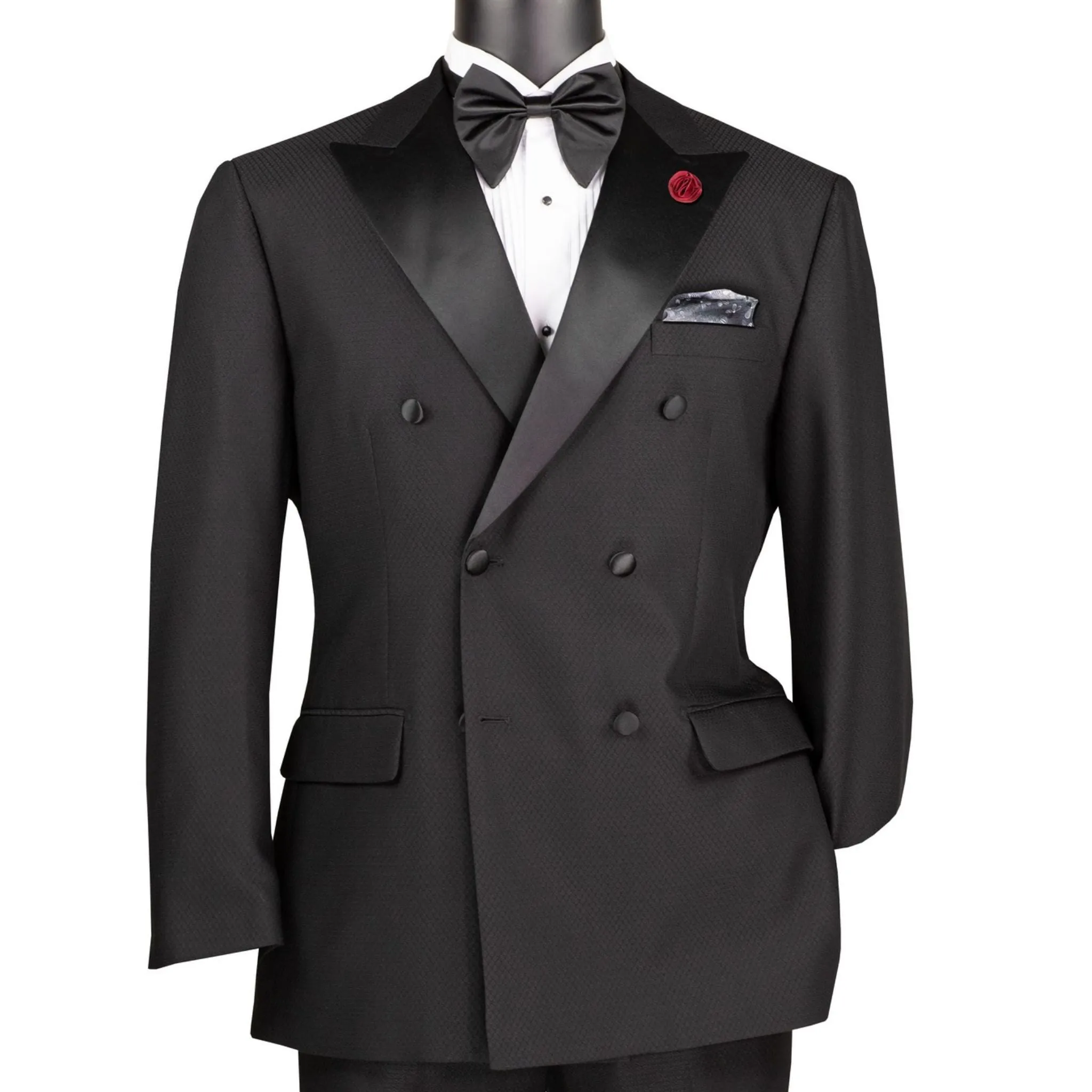 Men’s Black Double-Breasted Tuxedo – Modern Fit 2-Piece Suit with Satin Peak Lapels