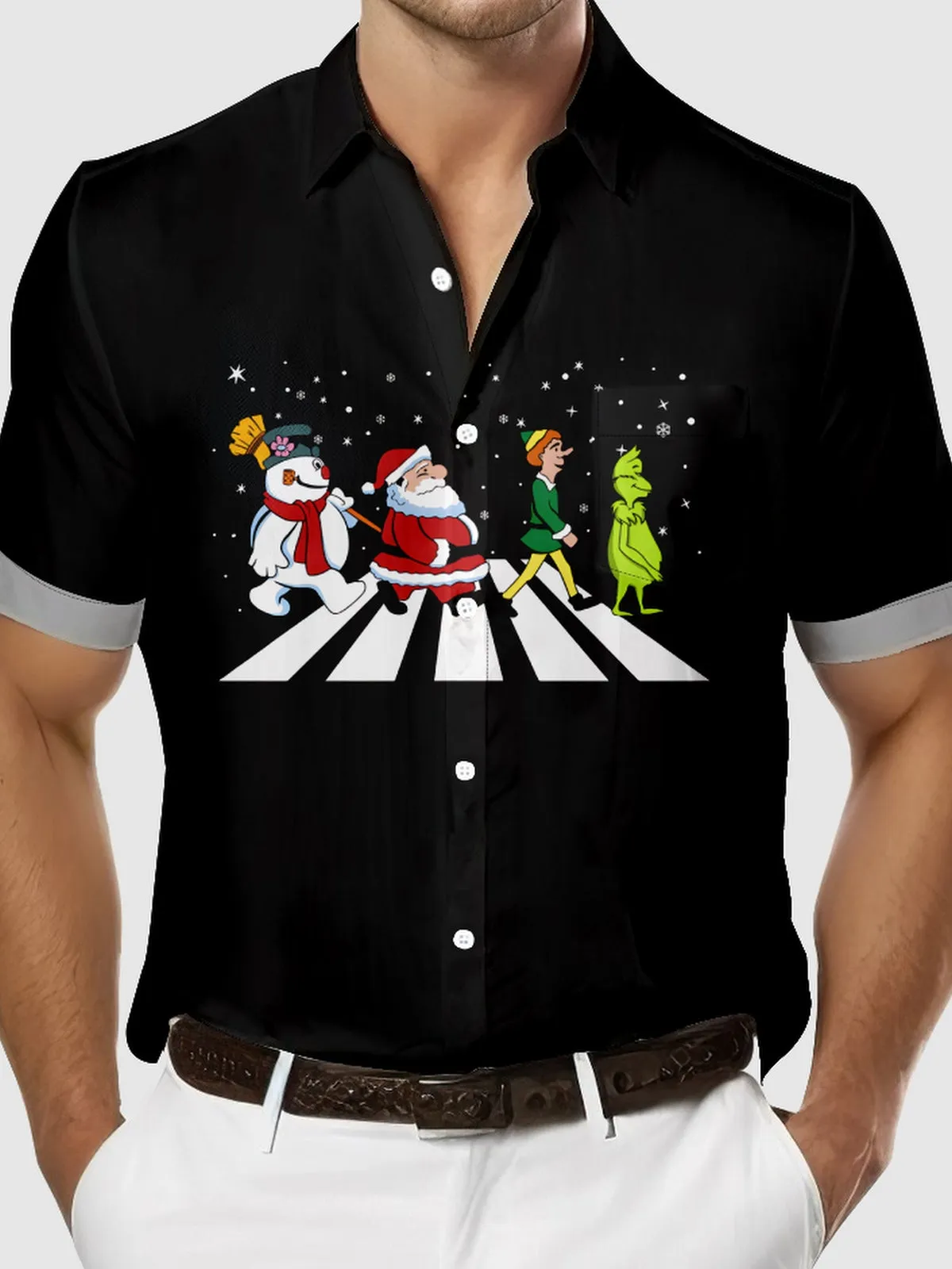 Men's Funny Beatles Reference Christmas Edition with Santa Grinch Snowman Elf Short Sleeve Shirt