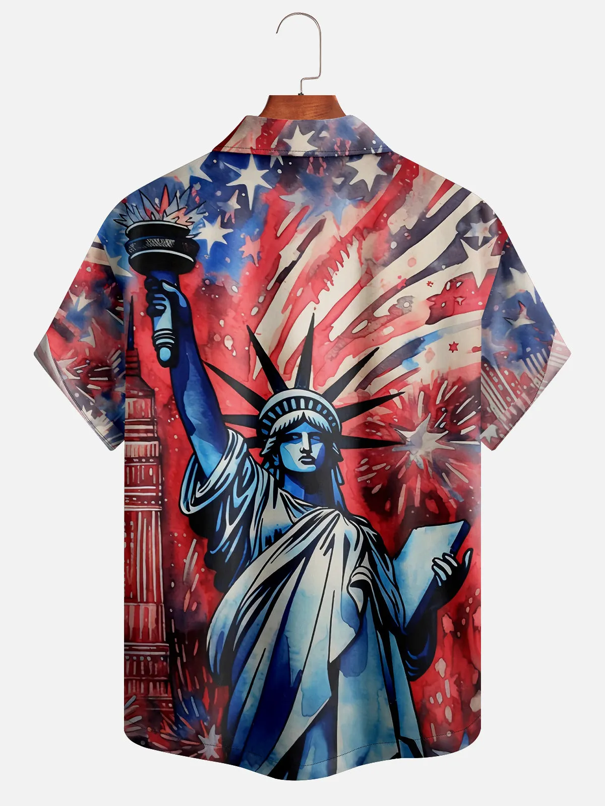 Men's Hand-drawn Statue of Liberty with American Flag Short Sleeve Shirt