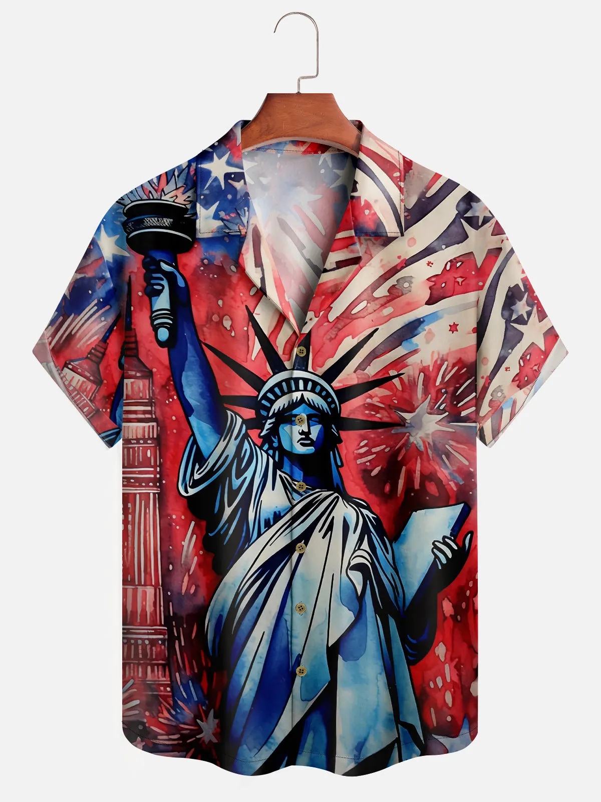Men's Hand-drawn Statue of Liberty with American Flag Short Sleeve Shirt