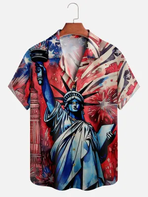 Men's Hand-drawn Statue of Liberty with American Flag Short Sleeve Shirt