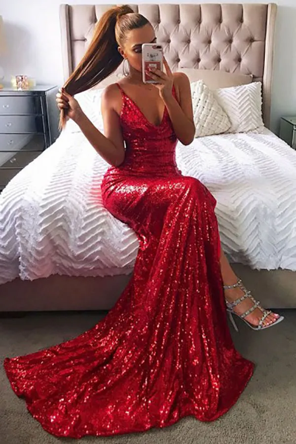 Mermaid Deep V-Neck Red Sleeveless Sequined Split Backless Prom Dress LRA187