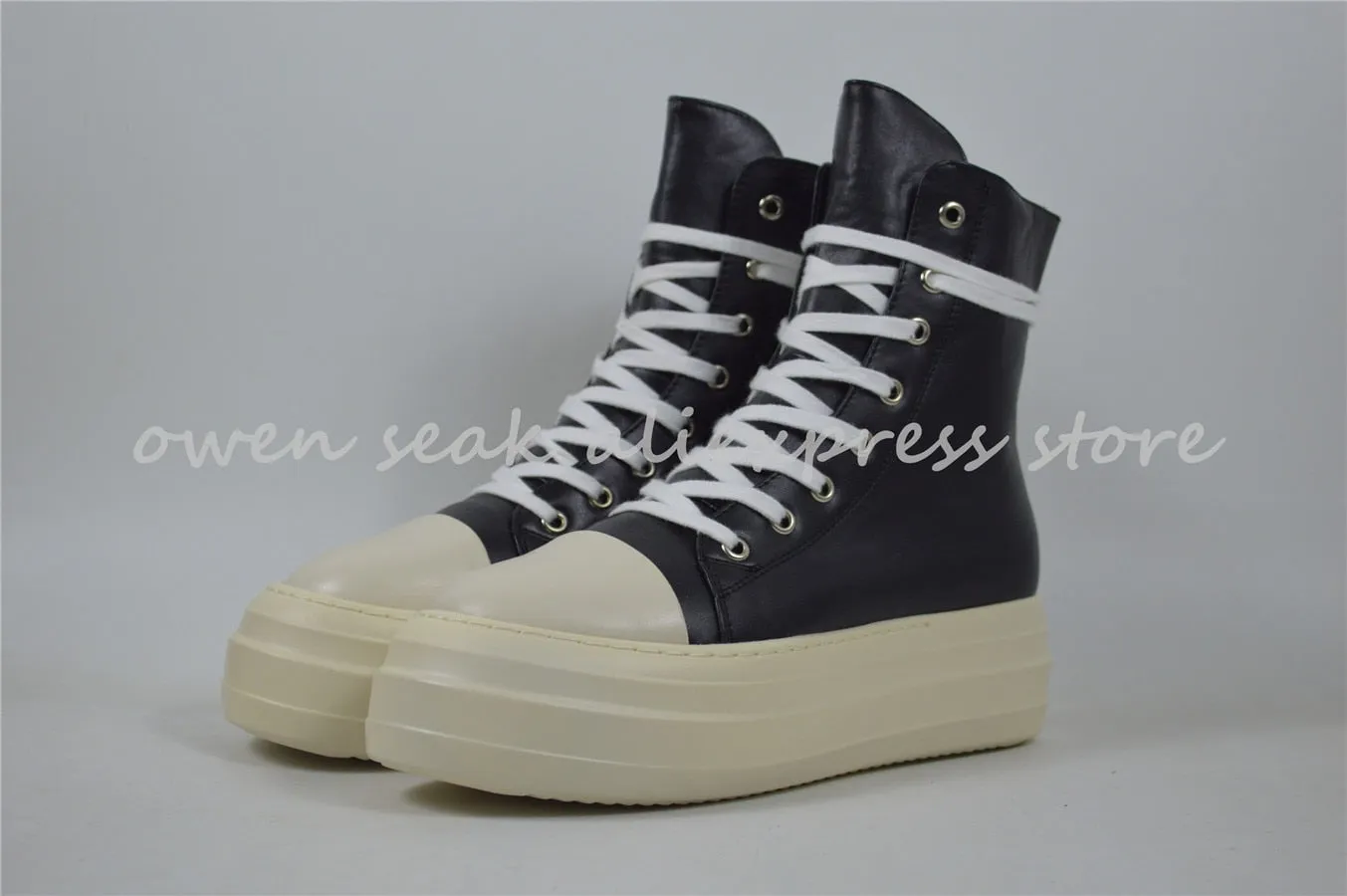 Owen Seak Women Canvas Shoes Luxury Trainers Platform Boots Lace Up Sneakers Casual Height Increasing Zip High-TOP Black PU Shoe