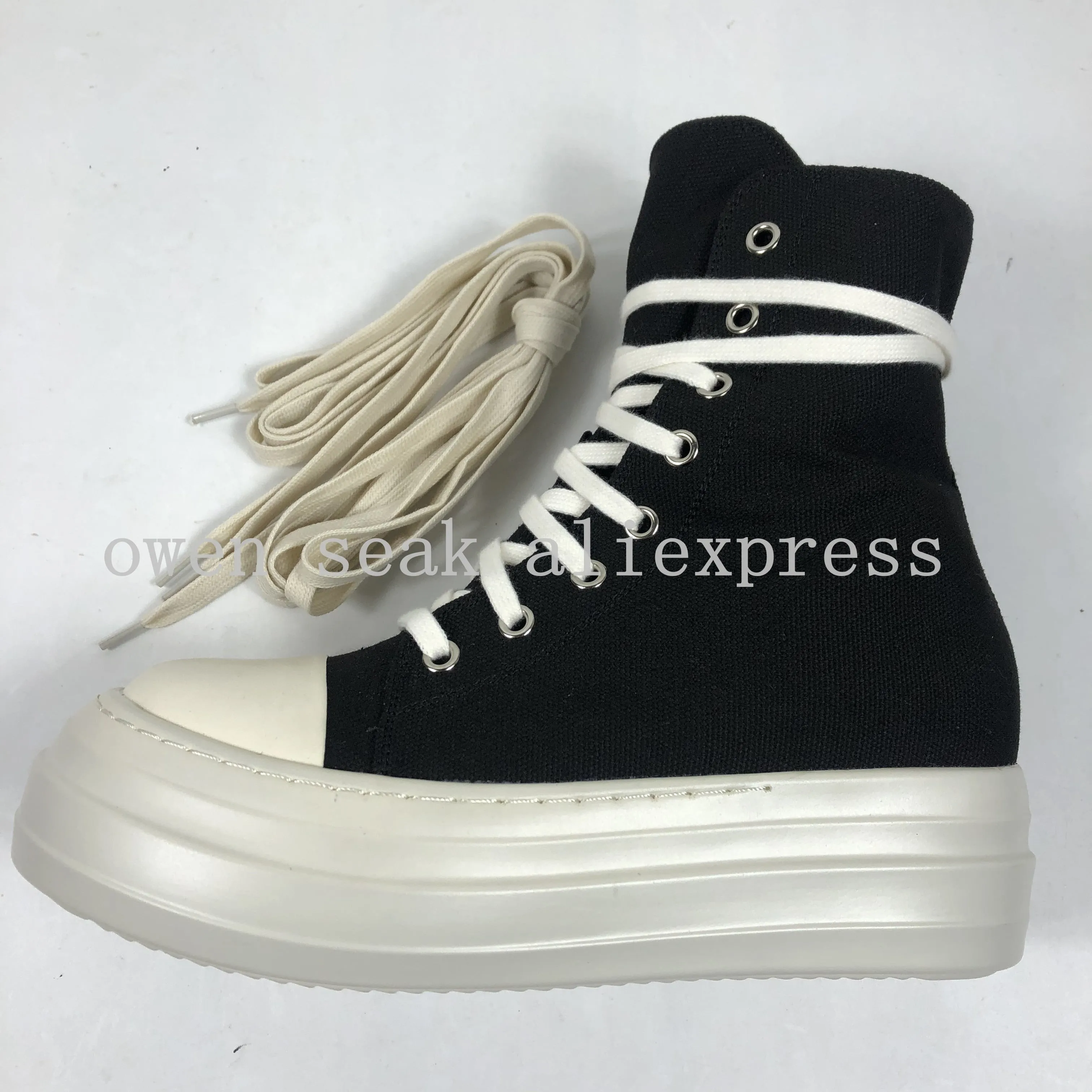 Owen Seak Women Canvas Shoes Luxury Trainers Platform Boots Lace Up Sneakers Casual Height Increasing Zip High-TOP Black PU Shoe
