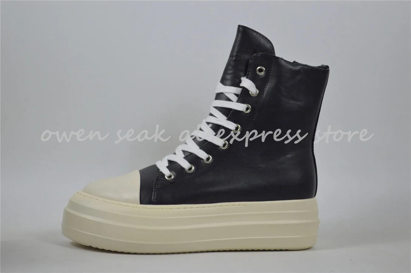 Owen Seak Women Canvas Shoes Luxury Trainers Platform Boots Lace Up Sneakers Casual Height Increasing Zip High-TOP Black PU Shoe