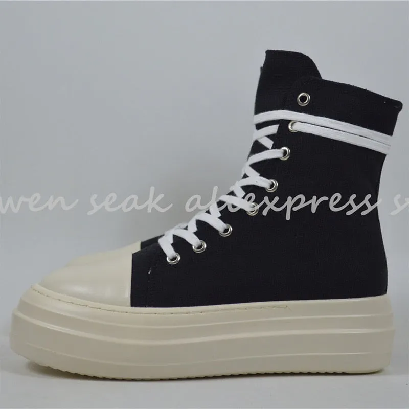 Owen Seak Women Canvas Shoes Luxury Trainers Platform Boots Lace Up Sneakers Casual Height Increasing Zip High-TOP Black PU Shoe