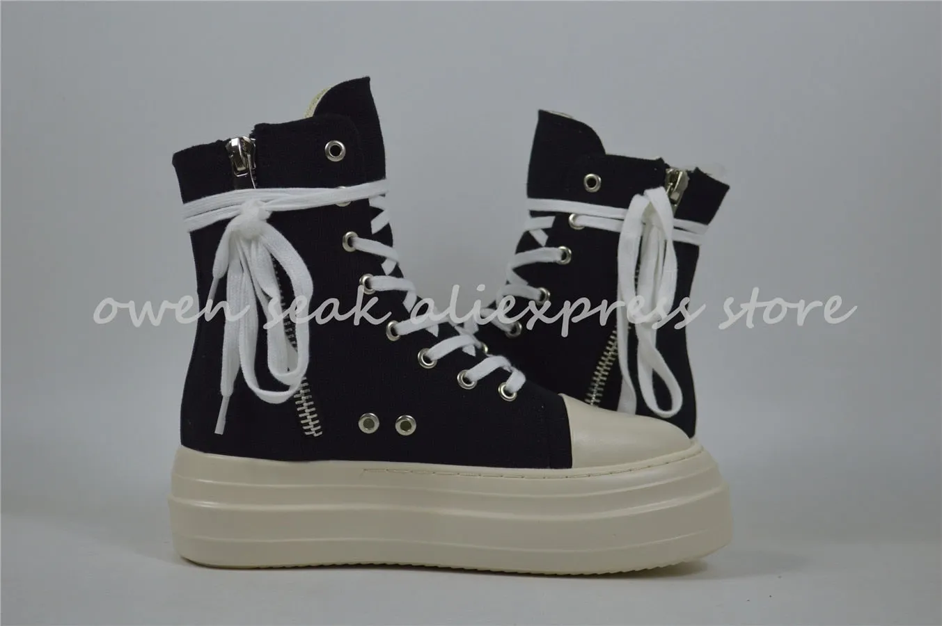 Owen Seak Women Canvas Shoes Luxury Trainers Platform Boots Lace Up Sneakers Casual Height Increasing Zip High-TOP Black PU Shoe