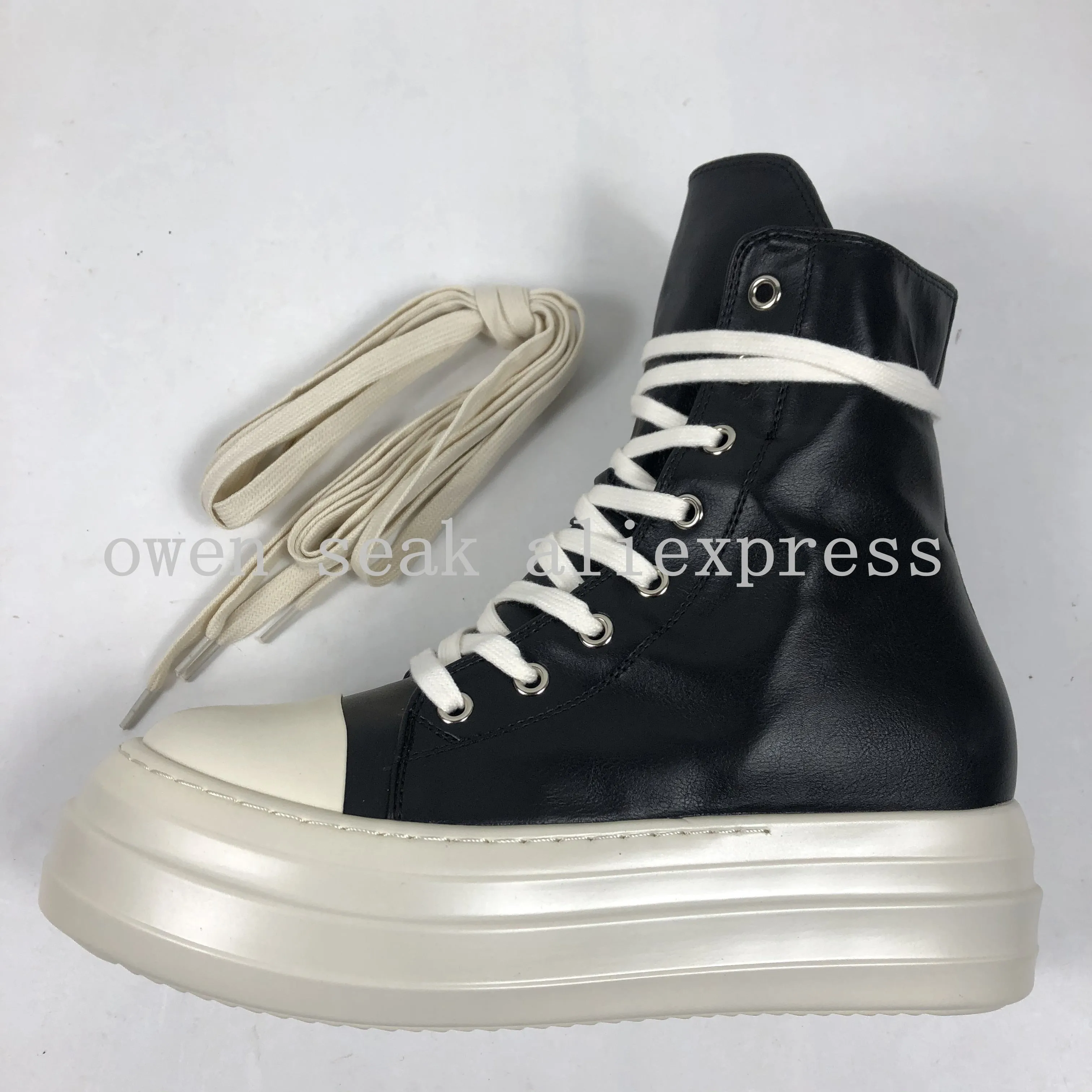 Owen Seak Women Canvas Shoes Luxury Trainers Platform Boots Lace Up Sneakers Casual Height Increasing Zip High-TOP Black PU Shoe