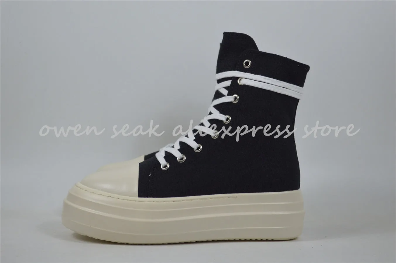 Owen Seak Women Canvas Shoes Luxury Trainers Platform Boots Lace Up Sneakers Casual Height Increasing Zip High-TOP Black PU Shoe