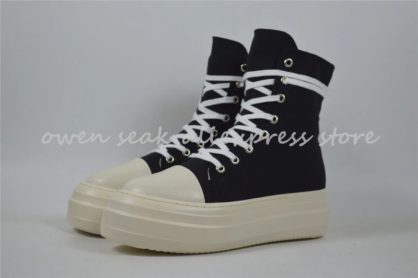 Owen Seak Women Canvas Shoes Luxury Trainers Platform Boots Lace Up Sneakers Casual Height Increasing Zip High-TOP Black PU Shoe