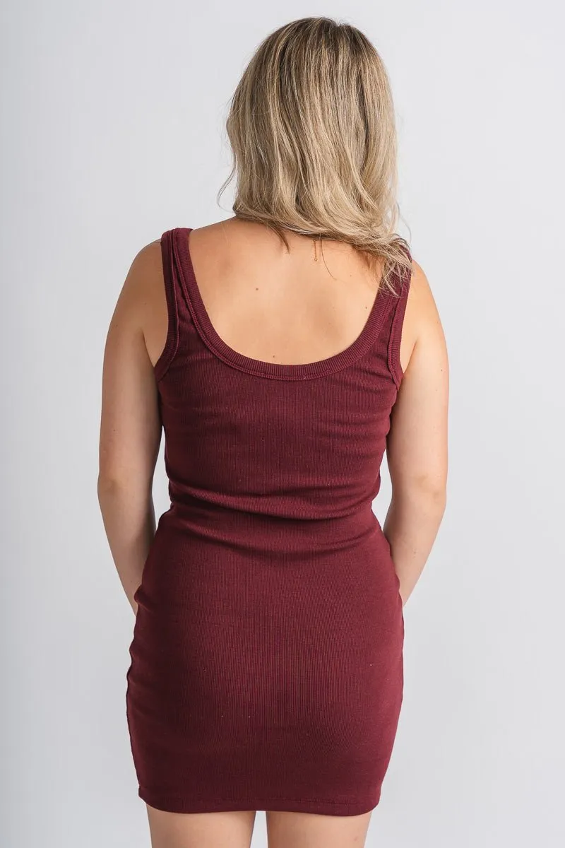 Slit front ribbed tank dress maroon